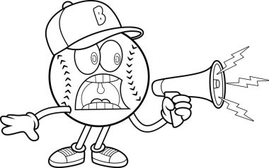 Siyah ve Beyaz Beyzbol Maskot Karakteri megafonla bağırıyor ve şeffaf arka planda izole edilmiş Cap Vector çizimi yapıyor.