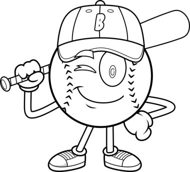 Beyzbol maskot karakterinin göz kırpan ve yarasayı omzunun üstünde tutan siyah ve beyaz el çizimi şeffaf arka planda izole edilmiş.