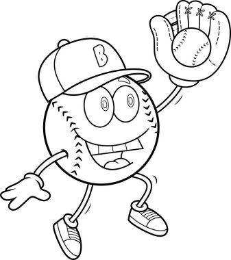 Beyzbol maskot karakteri zıplama ve yakalama topu siyah ve beyaz eldiveni çizilmiş şeffaf arka planda izole edilmiş.