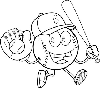 Beyzbol maskot karakteri, yarasa ve eldiven tutan topla koşuyor. Siyah ve beyaz taşıyıcı el çizimi, şeffaf arka planda izole edilmiş.