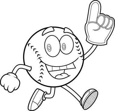 Beyzbol çizgi film karakteri köpük parmağı tutuyor ve çalıştırıyor Siyah ve beyaz vektör el çizimi şeffaf arka planda izole edildi