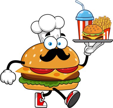 Hamburger Şefi Çizgi Filmi Karakteri Fast Food Yemek Tabağı Vekil El Çizimi Şeffaf Arkaplanda İzole Edildi