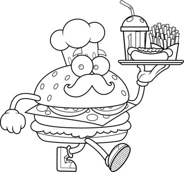Burger Chef çizgi film karakteri elinde Hot Dog, Fries ve Soda Black ve White Vector çizilmiş Fast Food tepsisi ile şeffaf arka planda izole edildi