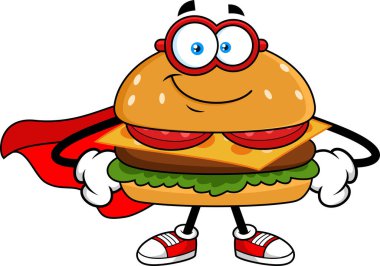 Maskeli ve Pelerin Vektör Elli Burger Süper Kahraman Karakteri Şeffaf Arkaplanda İzole Edildi