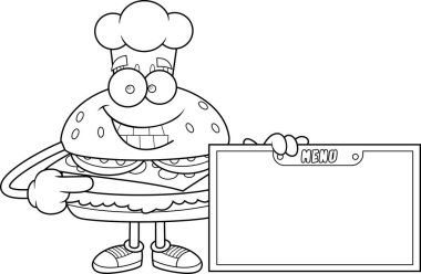 Boş menü tahtasına işaret eden Burger Chef çizgi film karakteri. Siyah ve beyaz vektör el çizimi. Şeffaf arka planda izole edildi.