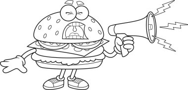 Komik Burger Çizgi Filmi Karakteri Megafonla Bağırıyor Siyah ve Beyaz Vektör El Çizimi Şeffaf Arkaplanda İzole Edildi