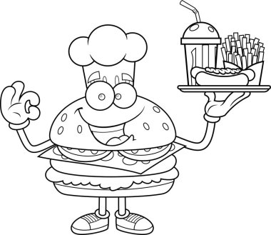 Burger Chef çizgi film karakteri elinde Hot Dog, Fries ve Soda Black ve White Vector çizilmiş Fast Food tepsisi ile şeffaf arka planda izole edildi