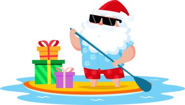 Noel Baba, Noel hediyeleriyle sörf tahtasında kürek çekiyor.