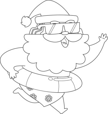 Noel Baba 'nın Şişme Yüzükle Çalışan Yaz Karikatürü Karakteri. Siyah ve Beyaz Vektör El Çizimi