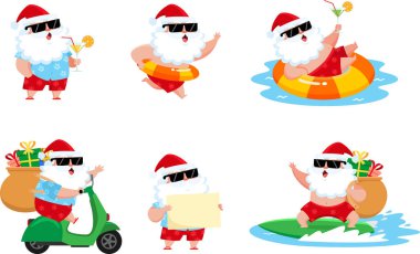Farklı pozisyonlarda yaz Noel Baba. Vektör Düz Tasarım Koleksiyonu Seti Şeffaf Arkaplanda İzole Edildi