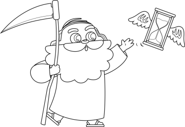 Uçan Kum Saati Yakalamaya Çalışan Tırpanlı Baba Zaman Adamı Çizgi Karakteri. Vektör El Çizimi Görünümü Şeffaf Arkaplanda İzole Edildi