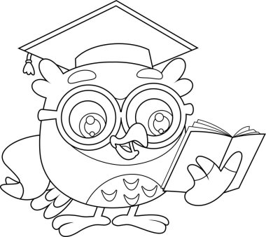 Şapkalı ve gözlüklü sevimli baykuş öğretmeni kitap okuyor.