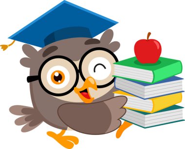 Şapkalı ve gözlüklü sevimli baykuş öğretmeni elinde elma dolu bir yığın kitap tutuyor. 