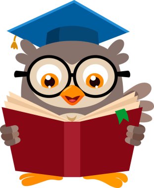 Şapkalı ve gözlüklü sevimli baykuş öğretmeni kitap okuyor.