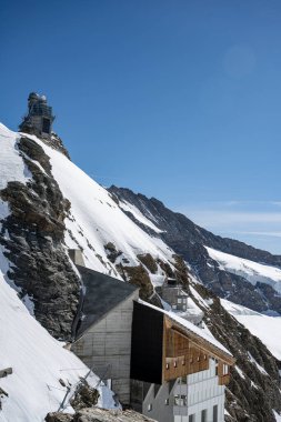 Jungfraujoch, İsviçre - 14 Nisan 2022: Jungfraujoch ve Aletsch Buzulu, Jungfrau Bölgesi, İsviçre