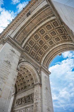 Paris 'teki Zafer Takı' nın detaylı bir perspektifi. Karmaşık oymalarını ve anıtsal mimarisini parçalı bulutlu gökyüzünün arka planına karşı sergiliyor..