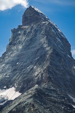 İsviçre 'nin Pennine Alpleri' ndeki Matterhorn Dağı 'nın kar yamaçları ve açık mavi gökyüzü..