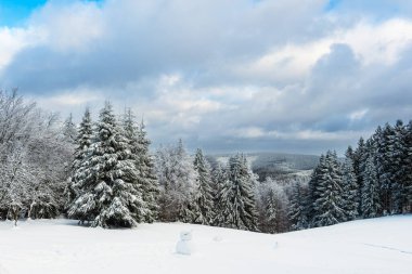 Schmiedefeld am Rennsteig, Almanya yakınlarındaki Thuringian Ormanında kışın manzara.