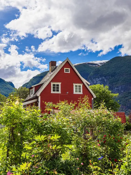 stock image Red wooden house in Aurland in Norway.