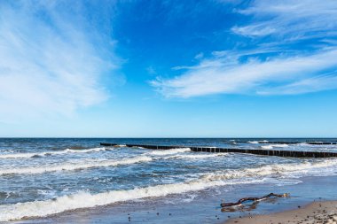 Nienhagen, Almanya 'da Baltık Denizi kıyısında sahil ve Groyne.