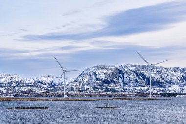 Norveç 'te Norveç Denizi kıyısında rüzgar türbinleri.