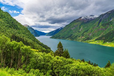 Norveç 'teki dağlarla birlikte Fjaerlandsfjord' a bak.