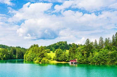 Almanya, Fuessen yakınlarındaki Forggensee Gölü 'nde banyo yapan kırmızı ahşap ev..