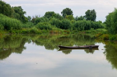 Su üzerinde demir kayık ve yeşil ağaçlarla manzara