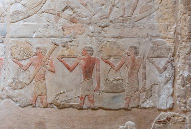 SAQQARA, EGYPT - 23 Mart 2023: Mısır 'ın Saqqara mezarlığındaki binaların iç duvarlarından resimler
