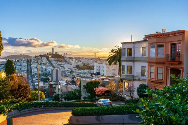 世界上最弯曲的街道伦巴第街 旧金山被晨阳照亮了 从著名街道的最高处看 免版税图库图片