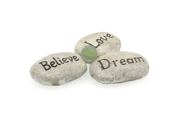 Stones Carved Motivational Inscriptions Weathered Marble Sea Accent Photographed White Stock Photo