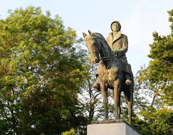 五月的一个阳光明媚的日子 比利时布鲁日 第三任国王阿尔贝一世骑在被春树环绕的骏马上的铜像 — 图库照片
