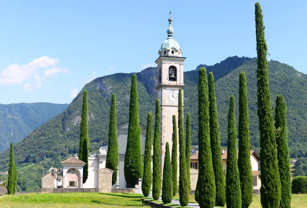 Bella Chiesetta Sant Abbondio Con Filari Cipressi Estate Tirolo Svizzera — Foto Stock