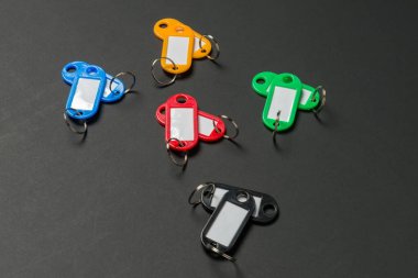 Değişik renklerde parlak anahtar etiketlerinin bir koleksiyonu siyah bir yüzeyde bulunur. Her etiket boş bir etiket alanı içerir, anahtarları düzenlemek veya yaratıcı olarak etiketlemek için mükemmeldir.