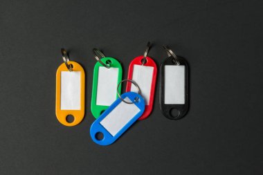 Çeşitli tonları parlak anahtar etiketleri her biri boş bir etiket ile siyah bir yüzey üzerinde, herhangi bir ev veya ofiste kişiselleştirmeye ve düzenlemeye hazır.