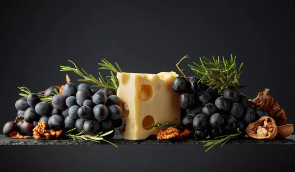 黒を基調としたクルミ ブルーブドウ ローズマリーのマサダムチーズ — ストック写真
