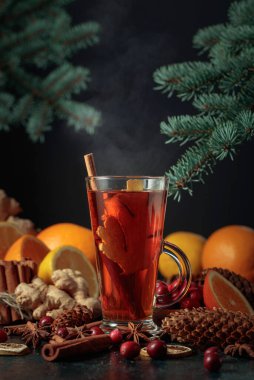 Baharat, zencefil, kızılcık ve narenciye ile sıcak Noel içeceği..