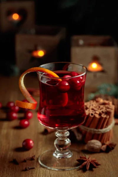 Christmas Drink Spices Cranberries Old Wooden Table — Stock Photo, Image