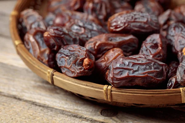 Delicious Juicy Raw Ripe Dates Fruits Old Wooden Table — Stock Photo, Image