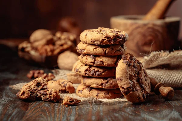 Freshly Baked Chocolate Cookies Wooden Table Kitchen Utensils — Fotografia de Stock