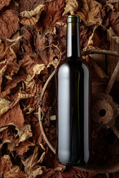 Bottle Red Wine Rusty Wheel Dried Vine Leaves Old Expensive — Fotografia de Stock