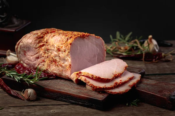 Sliced Spicy Ham Old Wooden Table Christmas Dinner — Stock Photo, Image
