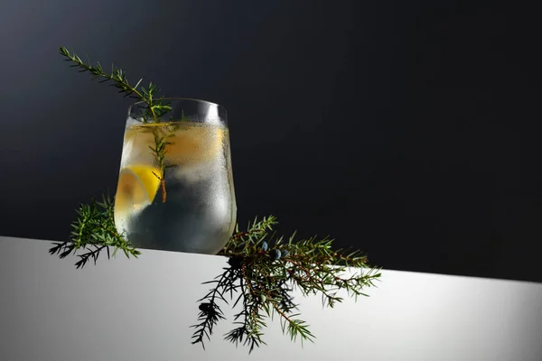 Gin Tonic Cocktail Met Citroen Jeneverbes Tak Ijs Een Donkere — Stockfoto