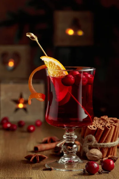 Christmas Drink Spices Orange Cranberries Old Wooden Table — Stock Photo, Image