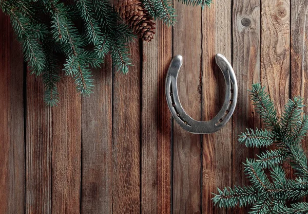 Horseshoe Spruce Branches Old Wooden Background Copy Space — Stock Photo, Image