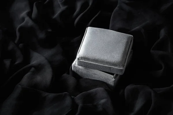 Gray Gift Box Black Satin Background — Stock Photo, Image