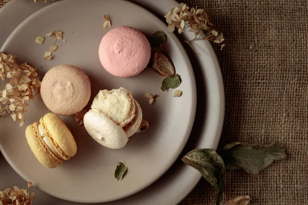 Herkullinen Makea Värikäs Macaronit Kuivattuja Kukkia Yläkuva — kuvapankkivalokuva