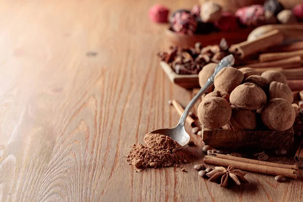 Delicious Chocolate Truffles Cinnamon Anise Coffee Beans Wooden Table Copy — Stock Photo, Image