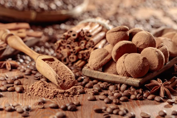 Chocolate Truffles Wooden Spoon Cacao Powder Delicious Chocolate Truffles Cinnamon — Stock Photo, Image
