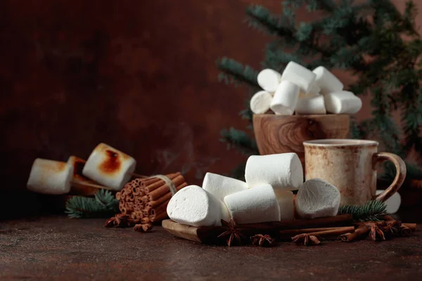 Marshmallows Spices Old Brown Table Christmas Still Life Copy Space — Stock Photo, Image